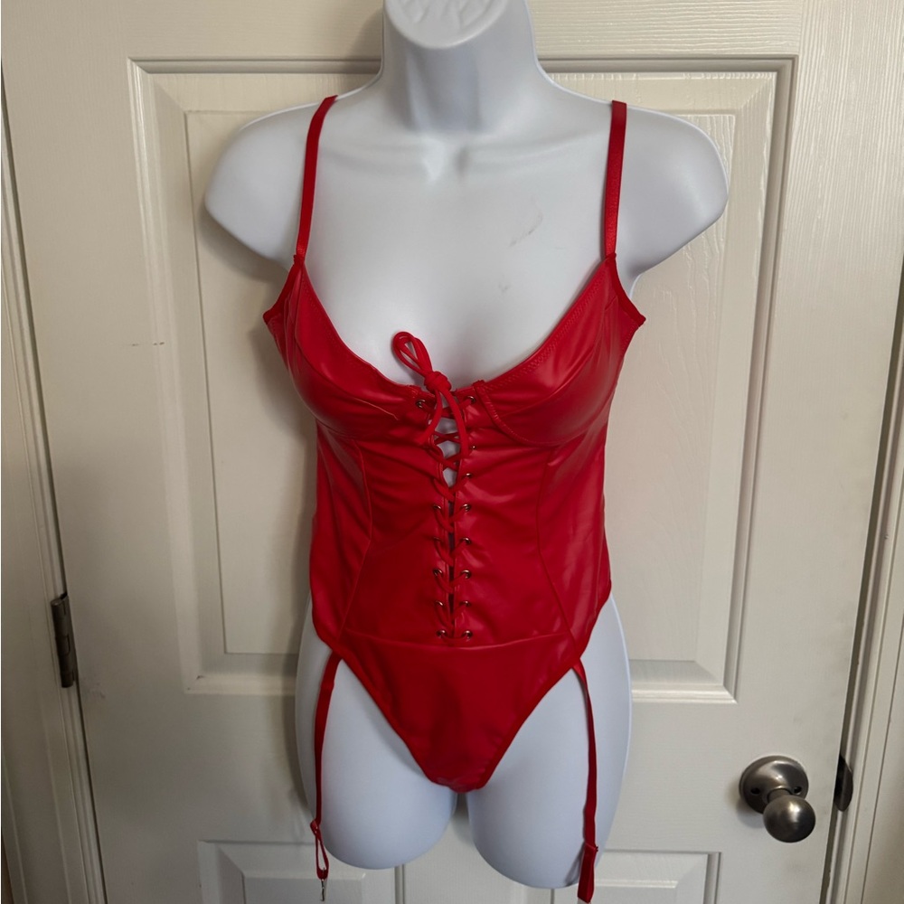 Red Lace-Up Red Vinyl Polyurethane Polyester Sexy Bodysuit Valentine Small NWOT